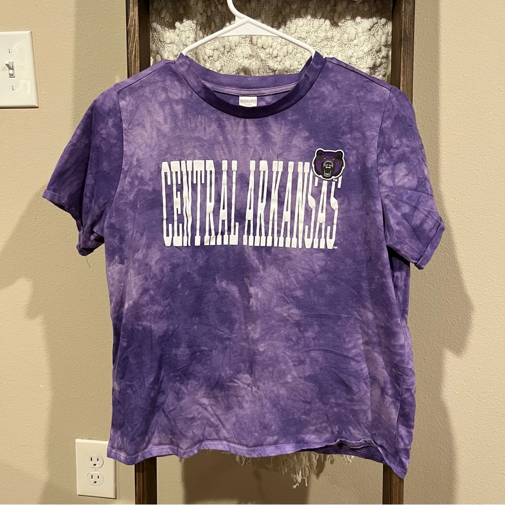 UCA college purple tie-dye crop top
